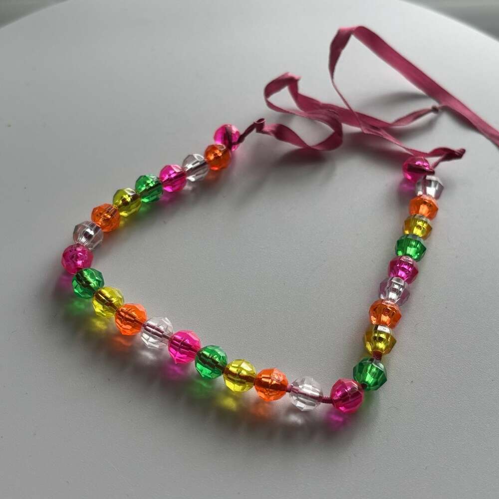 Vintage Multi-Color Faceted Plastic Bead Silk Ribbon Tie Bracelet